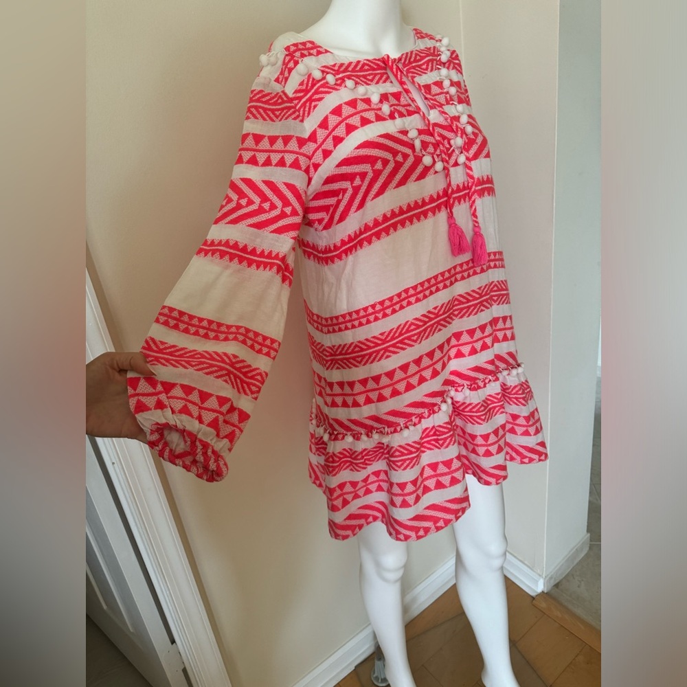 SAIL TO SABLE STRIPE LONG SLEEVE RUFFLE HEM DRESS - WHITE/PINK - Picture 2 of 12